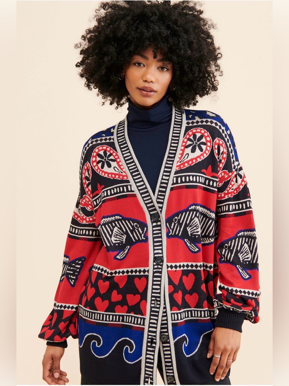 FARM Rio Red Navy Black Patterned Cardigan